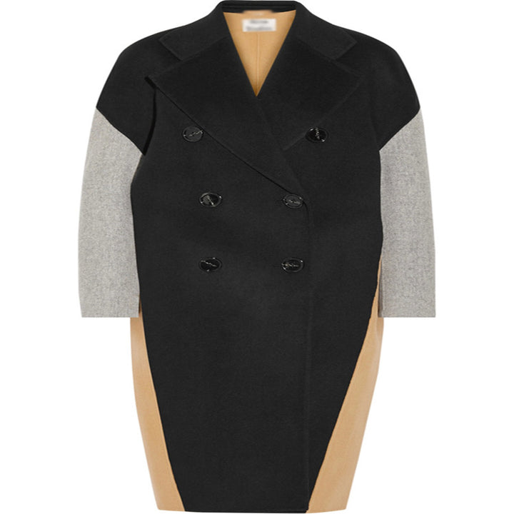 Damen Oversize Zweireihiger Farbblock-Wollmixmantel mit kontrastierenden Ärmeln Drune
