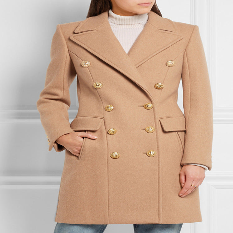 Damen Wollmix‑Longcoat im Marine‑Tailoring mit konturierter Taillierung und goldenen Zierrundknöpfen Drune