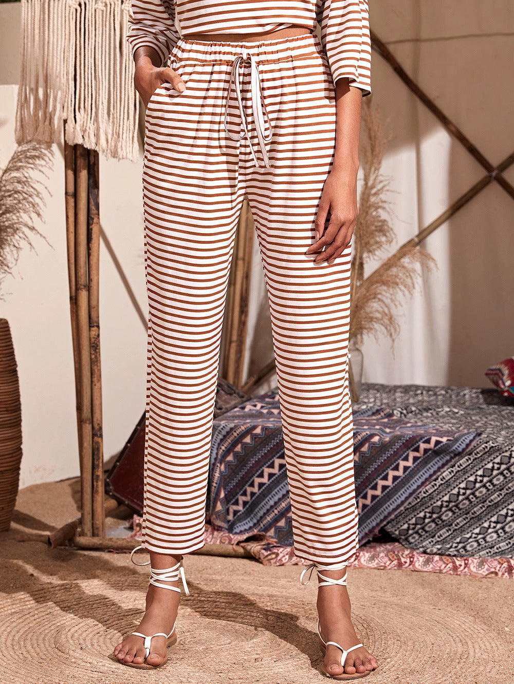 Damen Jersey-Loungehose mit elastischem Bund Tunnelzug Eingrifftaschen geradem Bein Drune