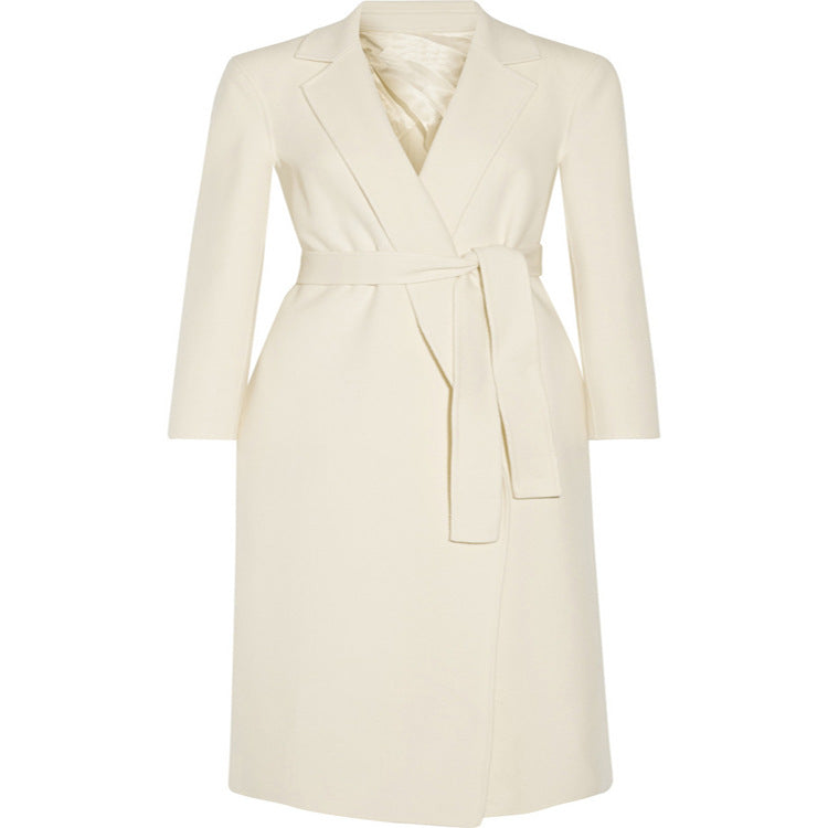 Damen Bodenlanger Wickel-Longcoat aus Woll-Kaschmirmix mit tailliertem Bindegürtel Drune
