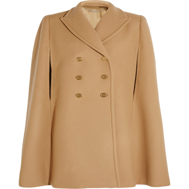 Damen taillierter Wollmix-Cape-Mantel mit verdeckten Armöffnungen und Zweireiher-Tailoring Drune