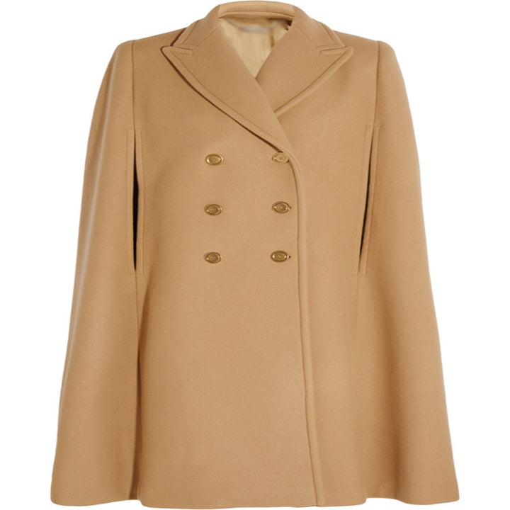 Damen taillierter Wollmix-Cape-Mantel mit verdeckten Armöffnungen und Zweireiher-Tailoring Drune