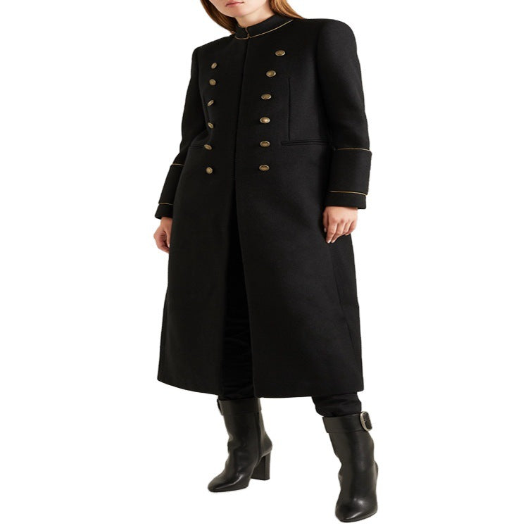 Damen Langer Militärischer Wollmantel mit goldenen Zierknöpfen und Stehkragen Drune
