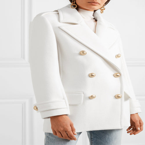 Damen Zweireihiger Kurzmantel im Marine‑Tailoring mit goldenen Zierknöpfen Drune