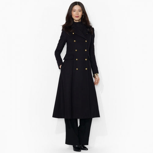 Damen Figurbetonter Maxilanger Mantel im ausgestellten A‑Linien‑Tailoring mit goldenen Zierknöpfen Drune