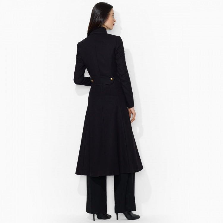 Damen Figurbetonter Maxilanger Mantel im ausgestellten A‑Linien‑Tailoring mit goldenen Zierknöpfen Drune