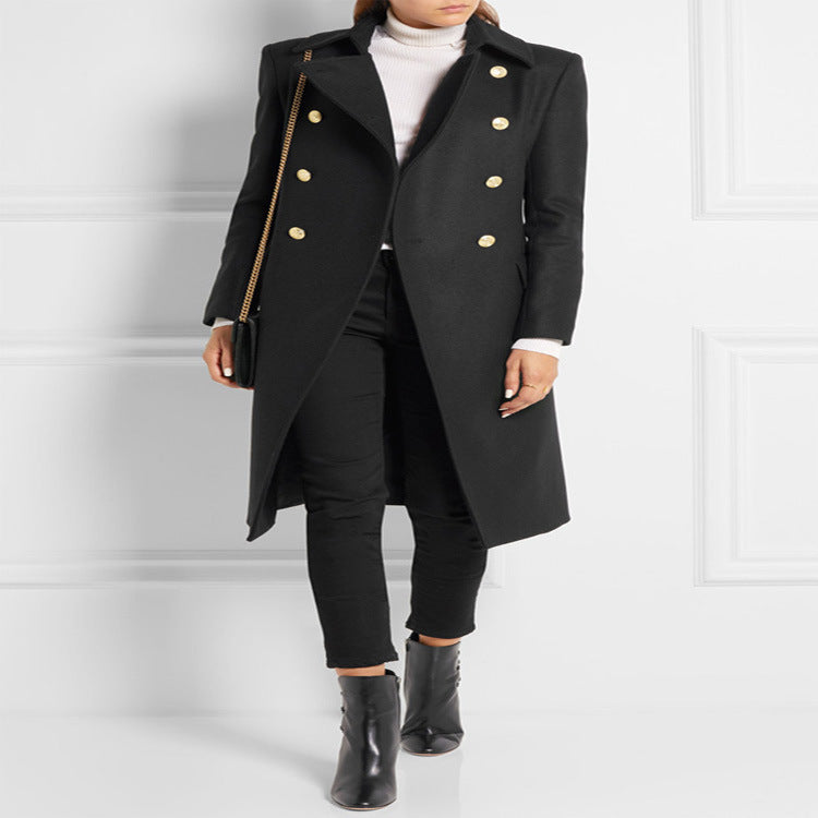 Damen Asymmetrischer Midilanger Wollmix-Mantel mit doppeltreihiger Knopfleiste und goldenen Zierknöpfen Drune