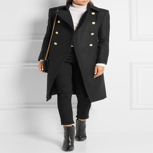 Damen Asymmetrischer Midilanger Wollmix-Mantel mit doppeltreihiger Knopfleiste und goldenen Zierknöpfen Drune