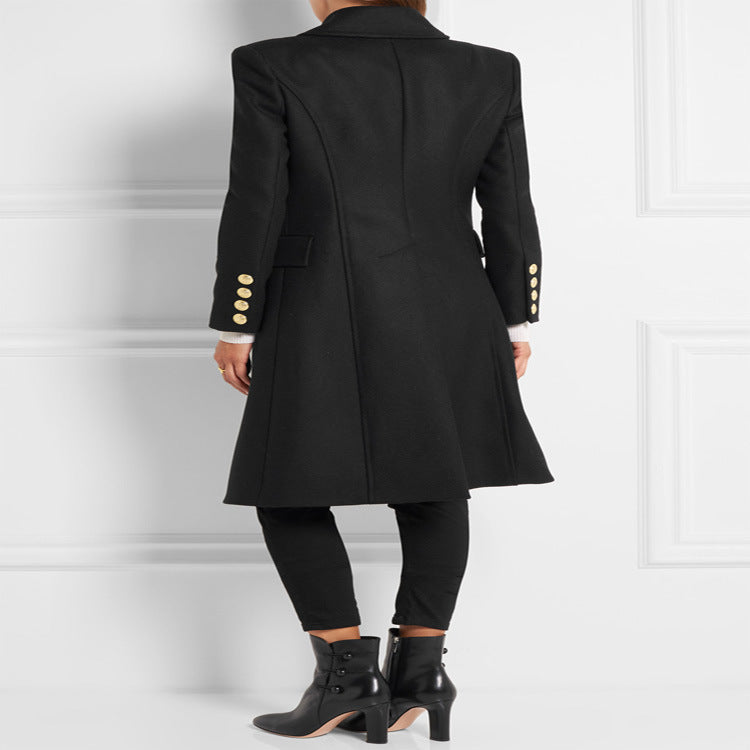 Damen Asymmetrischer Midilanger Wollmix-Mantel mit doppeltreihiger Knopfleiste und goldenen Zierknöpfen Drune