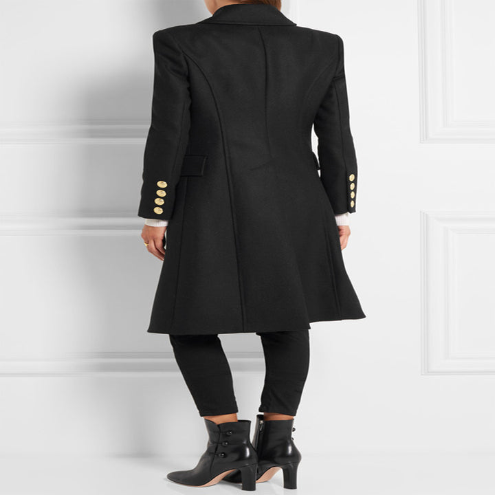 Damen Asymmetrischer Midilanger Wollmix-Mantel mit doppeltreihiger Knopfleiste und goldenen Zierknöpfen Drune