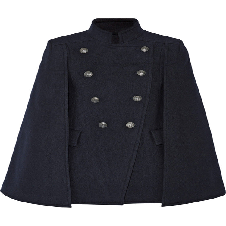 Damen Kurzer Cape-Mantel im Military‑Stil mit Doppelreihe und Stehkragen Drune