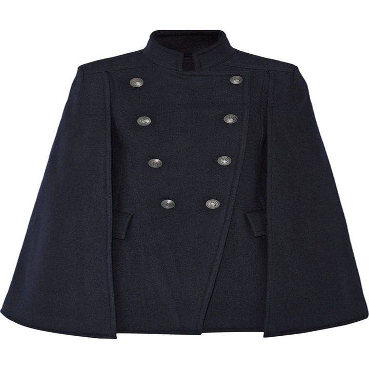 Damen Kurzer Cape-Mantel im Military‑Stil mit Doppelreihe und Stehkragen Drune