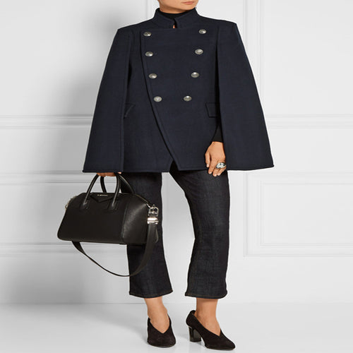 Damen Kurzer Cape-Mantel im Military‑Stil mit Doppelreihe und Stehkragen Drune