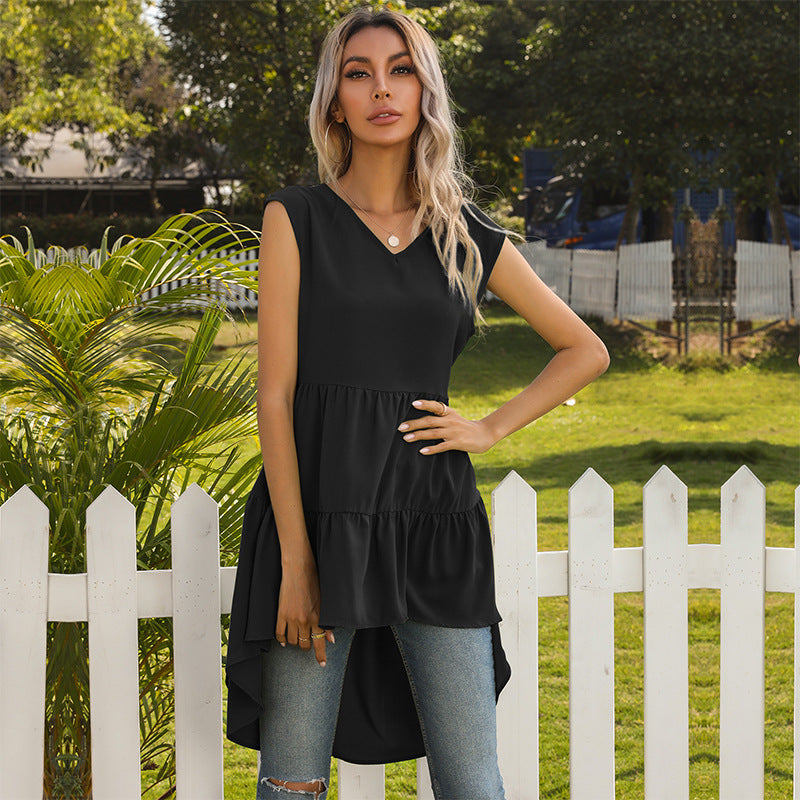 Damen ärmelloses Tunika-Kleid mit asymmetrischem Saum und schickem Volant Drune