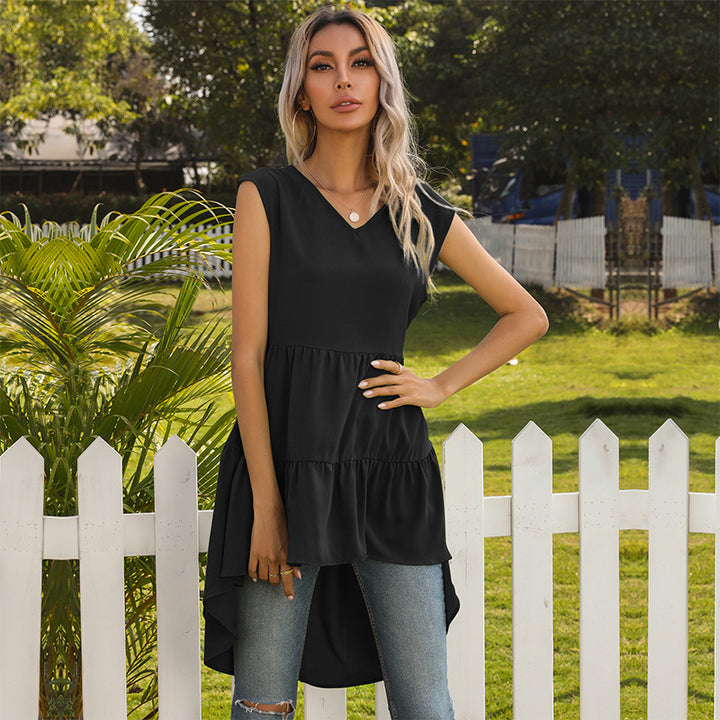 Damen ärmelloses Tunika-Kleid mit asymmetrischem Saum und schickem Volant Drune