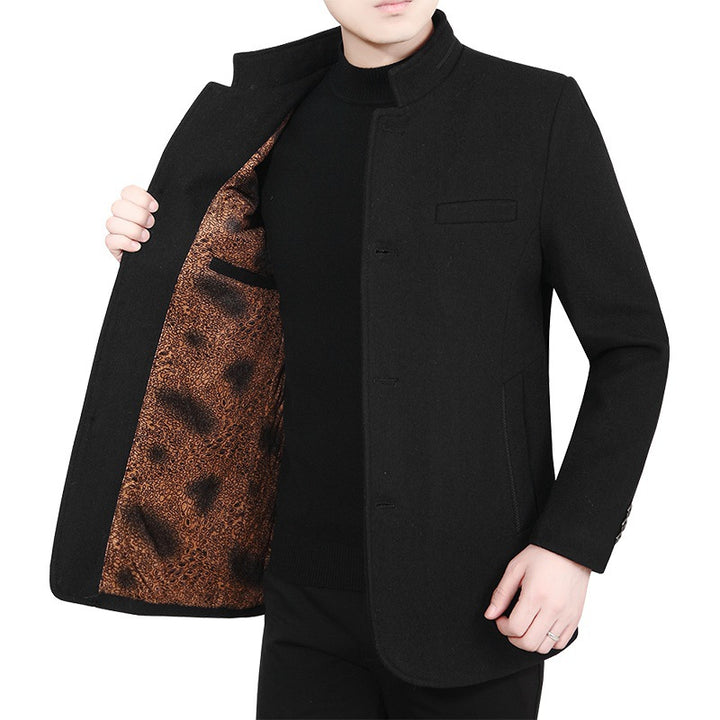 Herren Stehkragen-Wollmix-Kurzmantel mit wärmendem Animal-Print-Futter Drune