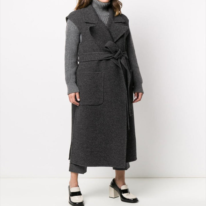 Damen Maxilanger ärmelloser Wollmix-Mantel mit weitem Schalkragen und Bindegürtel Drune