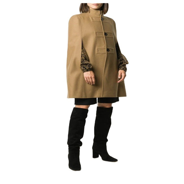 Damen Wollmix‑Cape mit Stehkragen, verdeckten Armöffnungen und puristischem Tailoring Drune