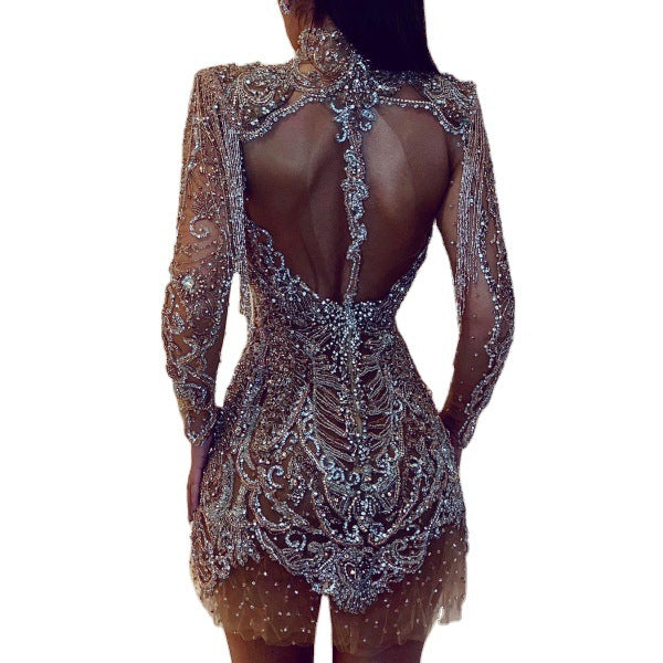 Damen Glamouröses Pailletten-Minikleid mit hochgeschlossenem Design und transparenten Ärmeln Drune