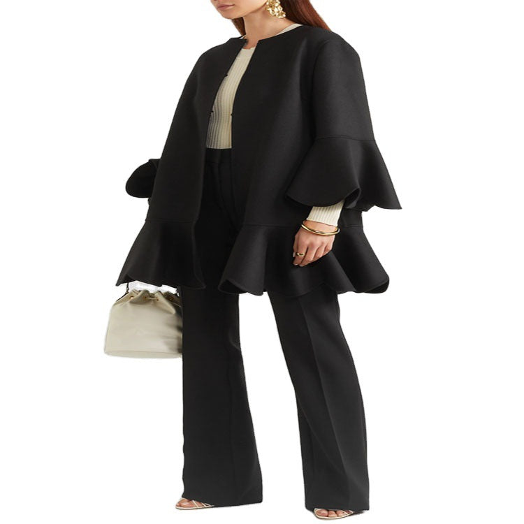 Damen Volantierter Cape‑Mantel aus Wollmix mit Glockenärmeln Drune