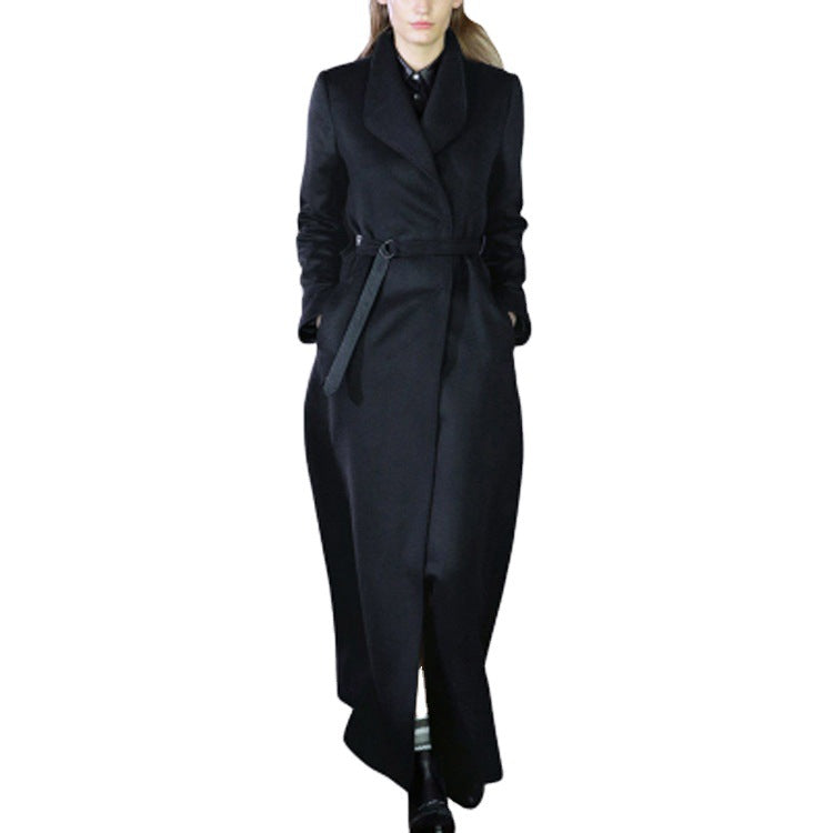 Damen Maxilanger taillierter Wickel-Longcoat mit Schalkragen und feinem Bindegürtel Drune