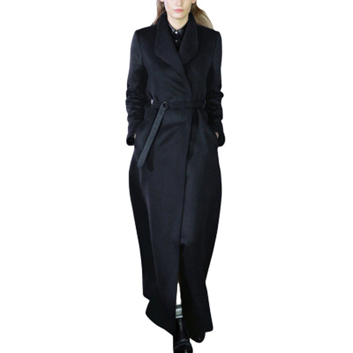 Damen Maxilanger taillierter Wickel-Longcoat mit Schalkragen und feinem Bindegürtel Drune
