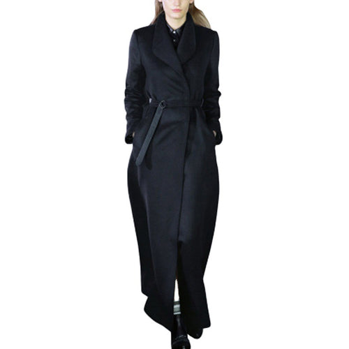 Damen Maxilanger taillierter Wickel-Longcoat mit Schalkragen und feinem Bindegürtel Drune