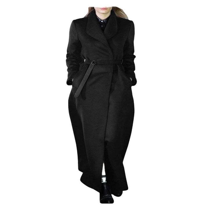 Damen Maxilanger taillierter Wickel-Longcoat mit Schalkragen und feinem Bindegürtel Drune