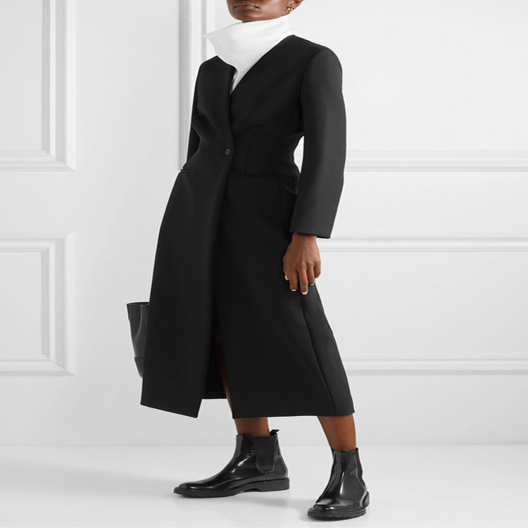 Damen Maxilanger minimalistischer Tailoring Mantel mit offener Front Drune