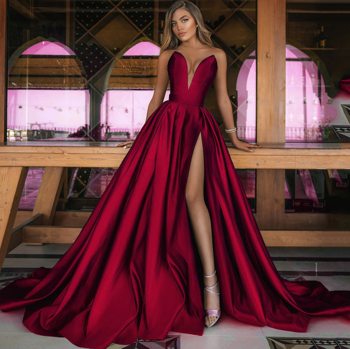 Damen A-Linien Maxikleid mit tiefem V-Ausschnitt und elegantem Schlitz Drune