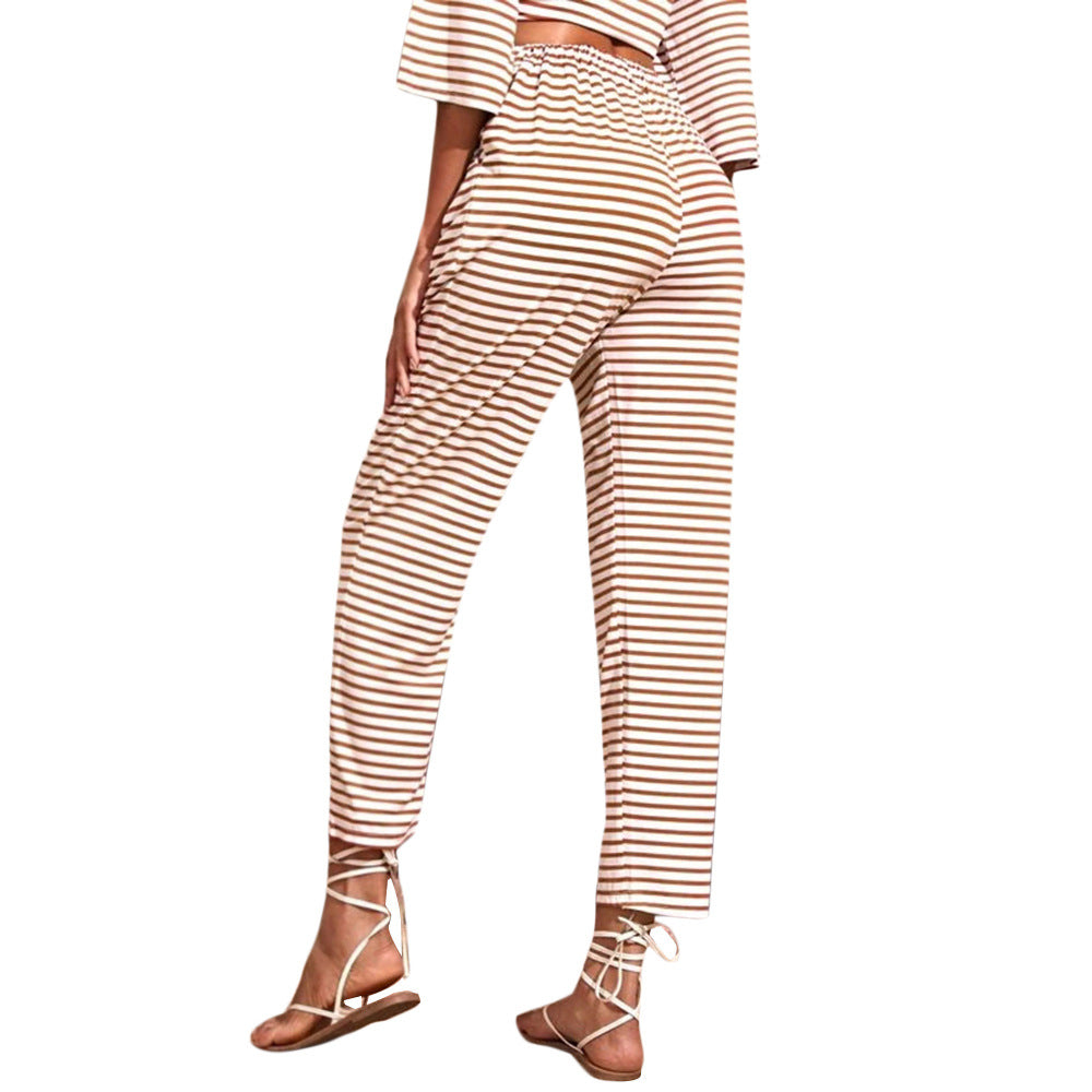 Damen Jersey-Loungehose mit elastischem Bund Tunnelzug Eingrifftaschen geradem Bein Drune