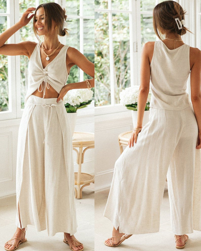 Damen Zweiteiliges Set mit Cropped Top und weiten Hosen Drune
