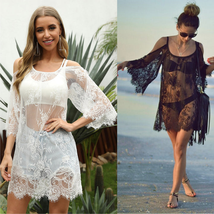 Damen transparenter Spitzen-Strandüberwurf Drune