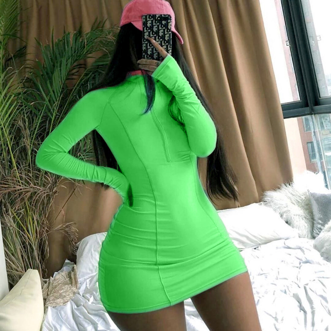 Damen Figurbetontes Langarm-Minikleid mit Stehkragen und Frontreißverschluss Drune