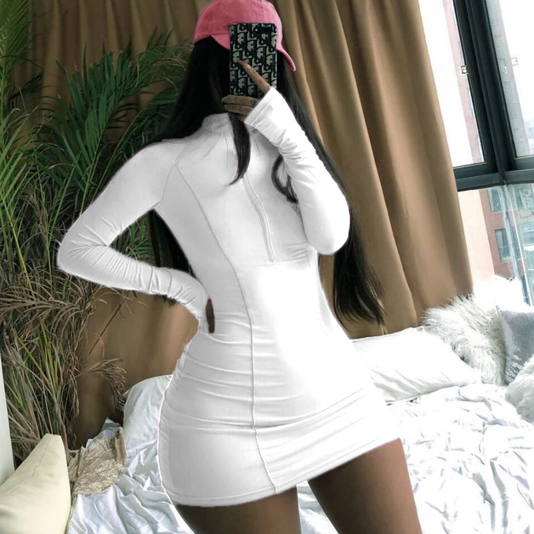Damen Figurbetontes Langarm-Minikleid mit Stehkragen und Frontreißverschluss Drune