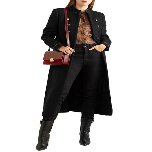Damen Langer Militärischer Wollmantel mit goldenen Zierknöpfen und Stehkragen Drune