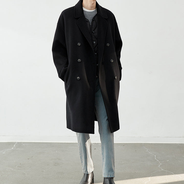 Herren Lang geschnittener Doppelreiher-Wollmixmantel mit Oversize-Passform Drune