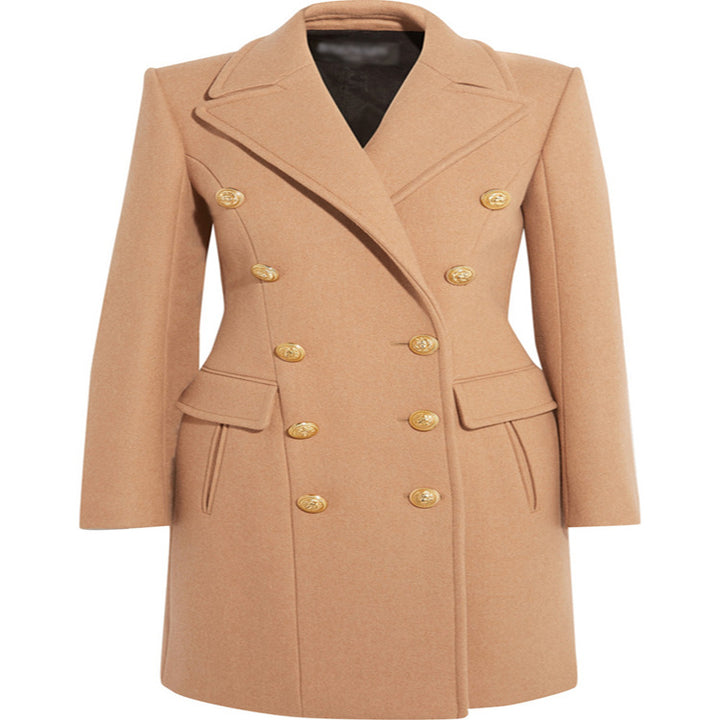 Damen Wollmix‑Longcoat im Marine‑Tailoring mit konturierter Taillierung und goldenen Zierrundknöpfen Drune