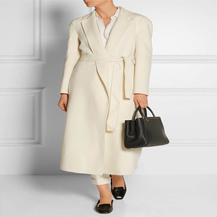 Damen Bodenlanger Wickel-Longcoat aus Woll-Kaschmirmix mit tailliertem Bindegürtel Drune