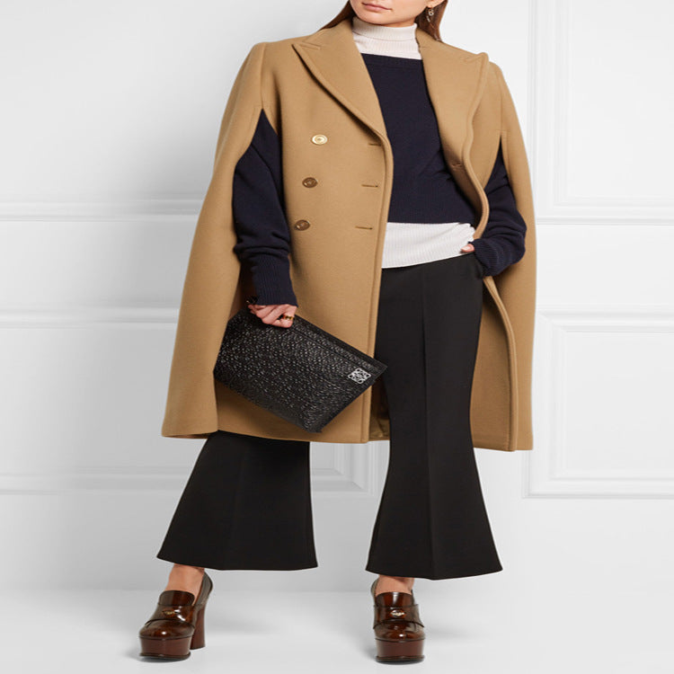 Damen taillierter Wollmix-Cape-Mantel mit verdeckten Armöffnungen und Zweireiher-Tailoring Drune