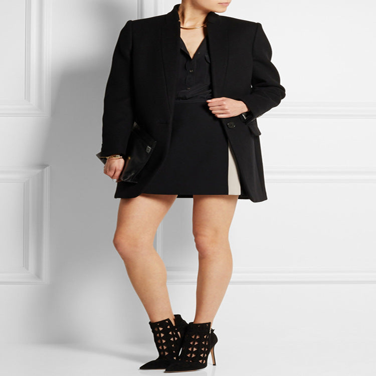 Damen Midilanger strukturiertes Longblazer‑Mantel mit schmalem Stehkragen und Pattentaschen Drune