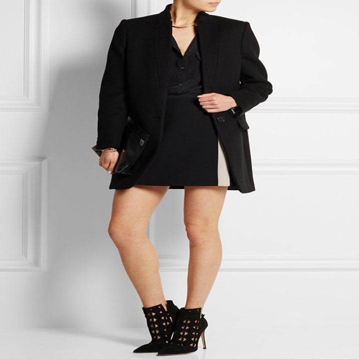 Damen Midilanger strukturiertes Longblazer‑Mantel mit schmalem Stehkragen und Pattentaschen Drune