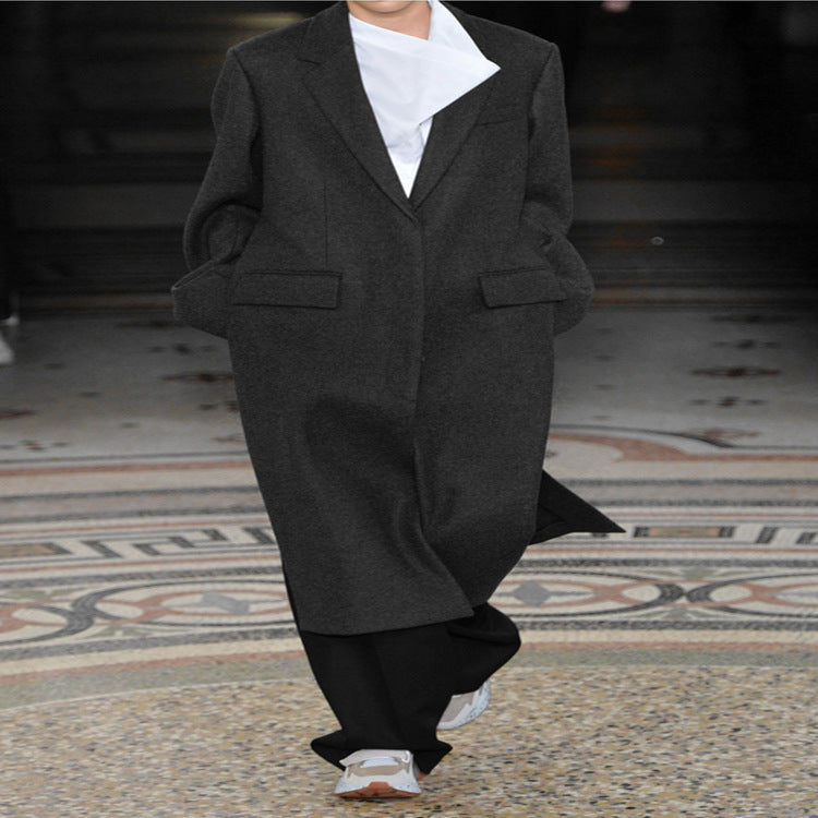 Damen Oversize Einreihiger Maxilanger Wollmix-Longcoat mit relaxter Schulter und Pattentaschen Drune