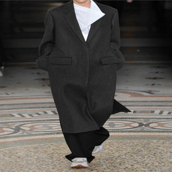 Damen Oversize Einreihiger Maxilanger Wollmix-Longcoat mit relaxter Schulter und Pattentaschen Drune