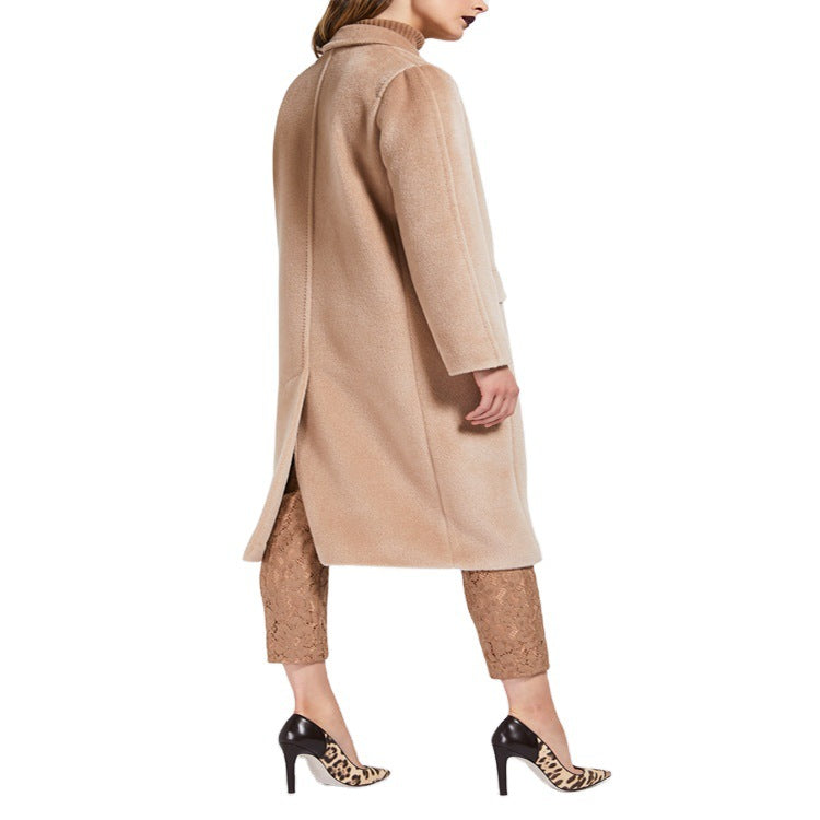 Damen Midilanger Teddy‑Wollmix‑Mantel mit Doppelreihe, Pattentaschen und weichfallendem Revers Drune