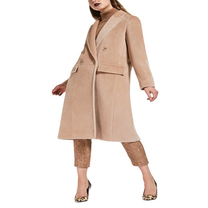 Damen Midilanger Teddy‑Wollmix‑Mantel mit Doppelreihe, Pattentaschen und weichfallendem Revers Drune