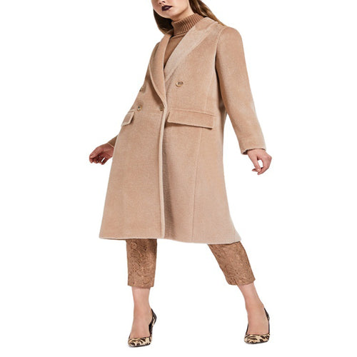 Damen Midilanger Teddy‑Wollmix‑Mantel mit Doppelreihe, Pattentaschen und weichfallendem Revers Drune