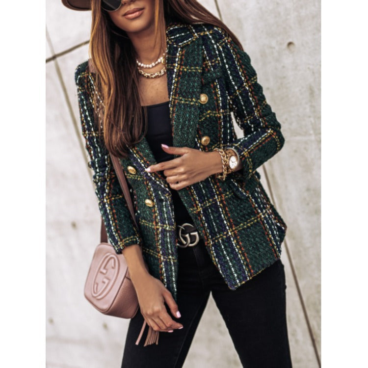 Drune | Blazer Taillierte Passform Tweed Doppelreiher Kariertes Muster
