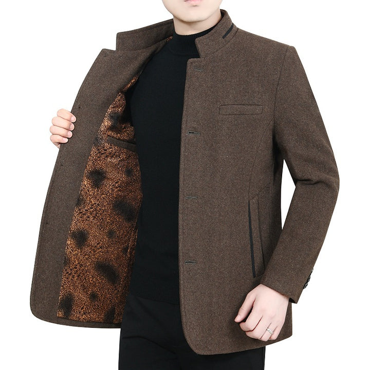 Herren Stehkragen-Wollmix-Kurzmantel mit wärmendem Animal-Print-Futter Drune
