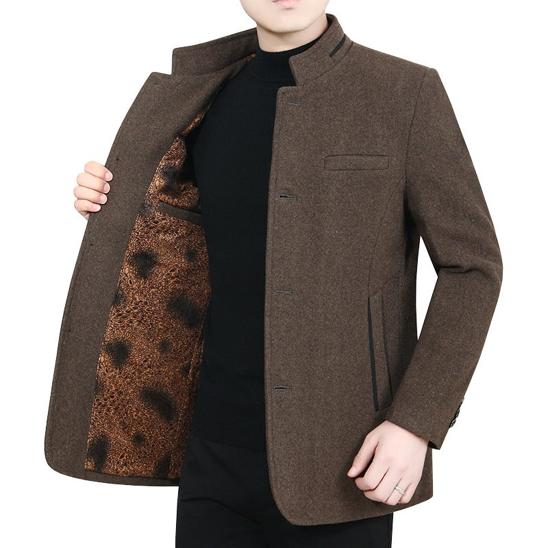 Herren Stehkragen-Wollmix-Kurzmantel mit wärmendem Animal-Print-Futter Drune